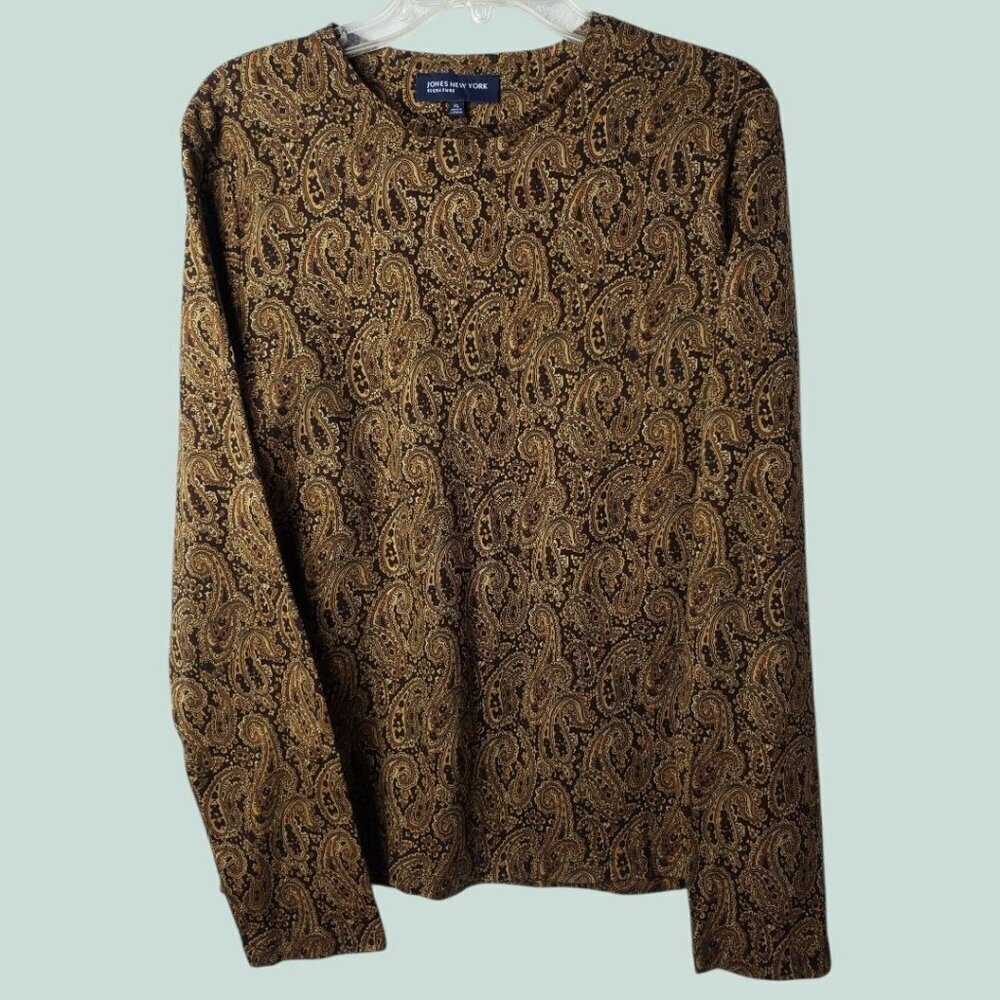 Jones New York Signature  Paisley pullover  Long Sleeve Shirt Brown Xlarge